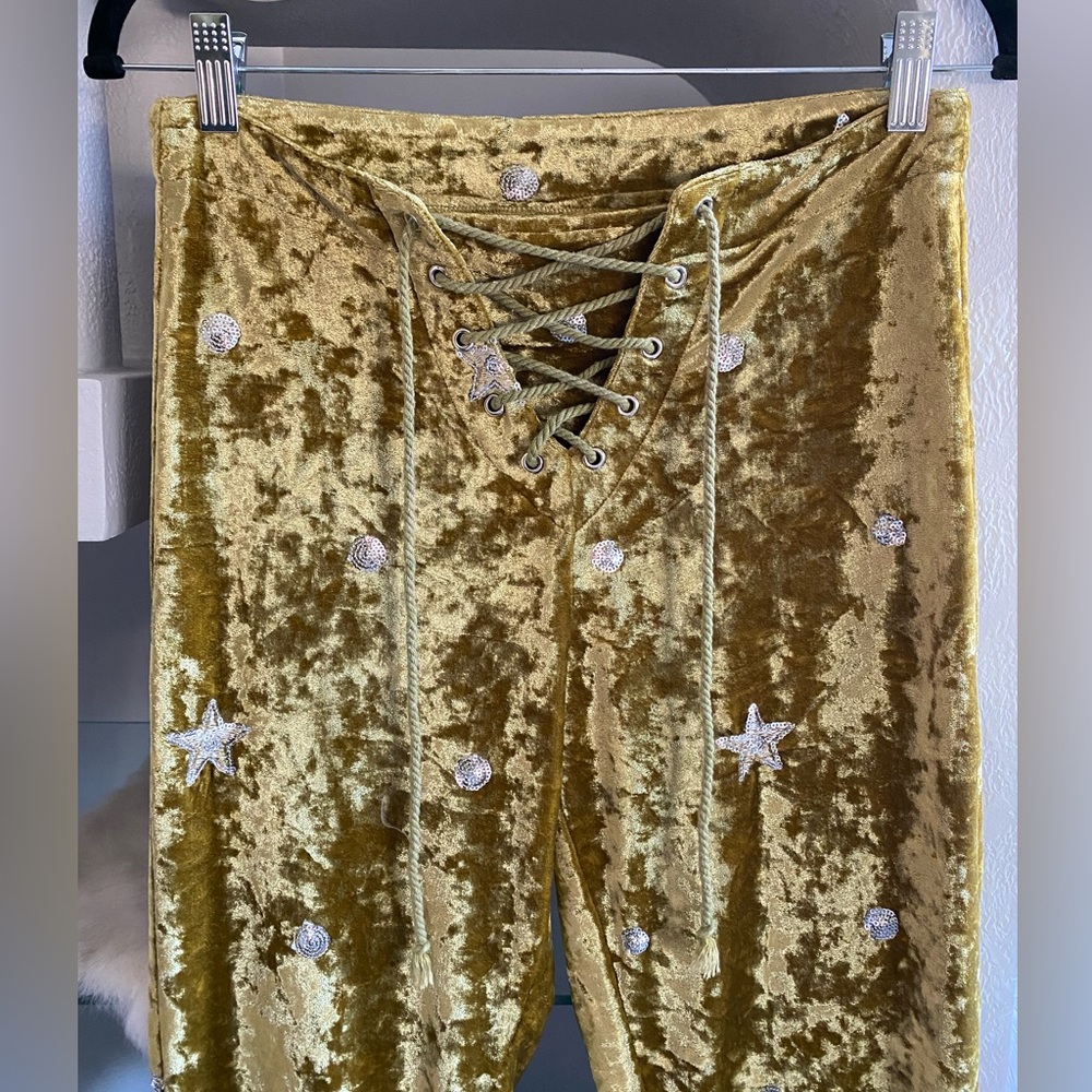 Free People LENNI Gold Velvet Lace Up Celestial Stars Sequin Pants festival boho